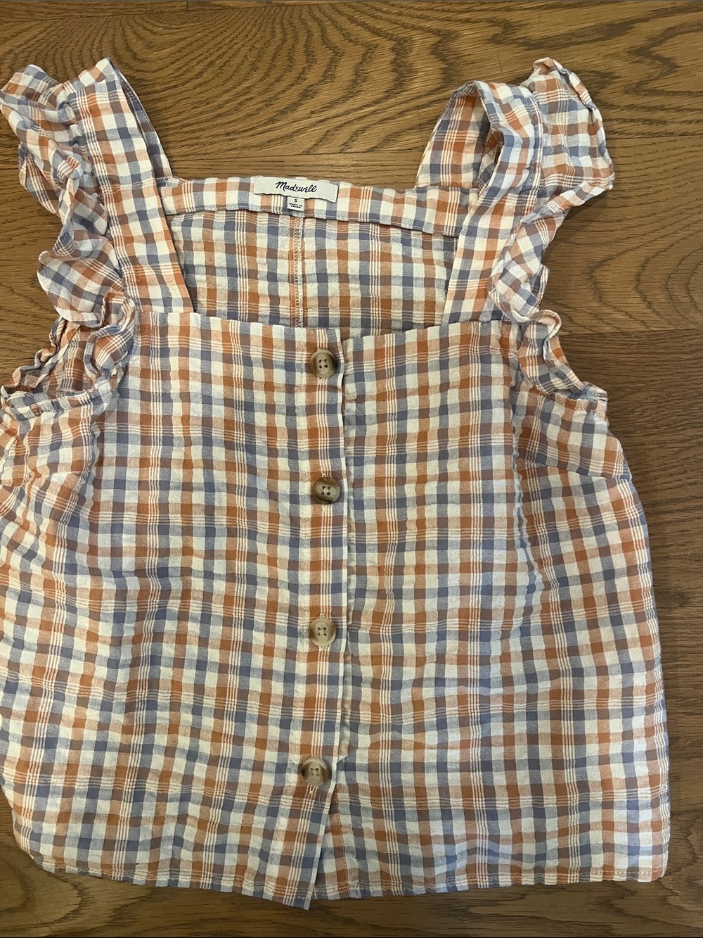 Madewell Girls Orange and White Plaid Ruffle-Strap Tank
